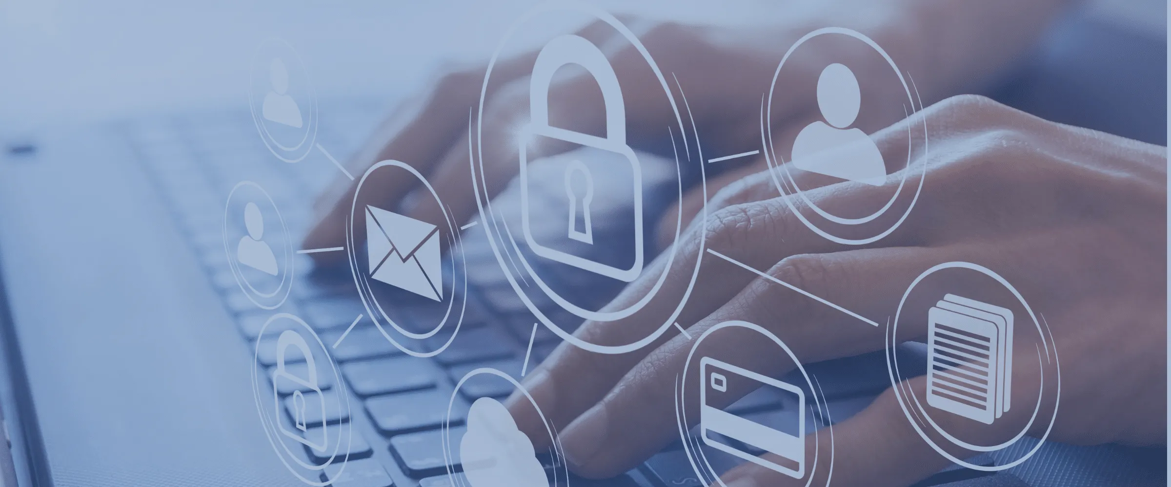 Woman hands on computer with a cybersecurity symbols overlay