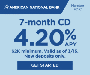 American National Bank logo. Member FDIC. 7-month CD. 4.20% APY. $2,000 minimum. Valid as of 3/15. New deposits only. Get started button.